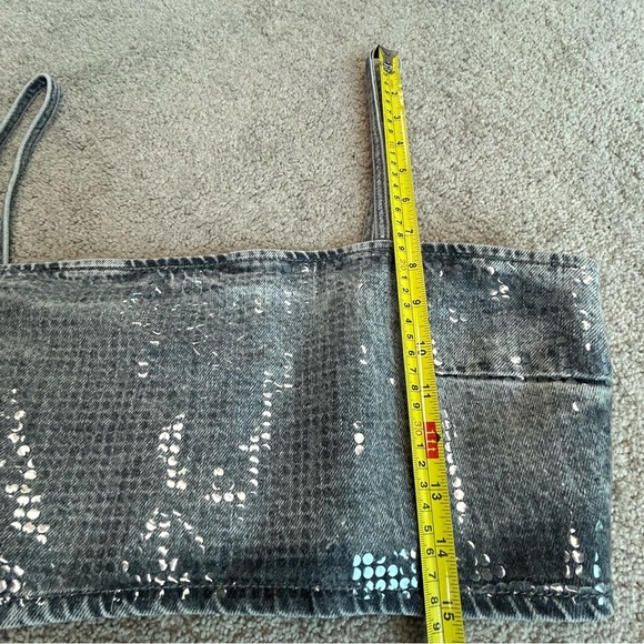 Zara TRF gray foil sequin embellished denim jean crop top sparkly Sz XXL NWOT - Picture 13 of 15